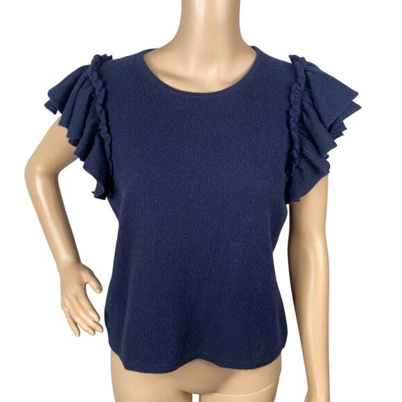 Filoro 100% Cashmere Navy Blue Crew Neck Flutter Sleeve Sweater Knit Top SZ M - Picture 1 of 7